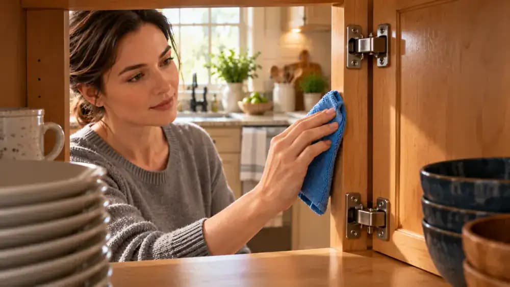 Close-up view through an open natural alder wood kitchen cabinet showing an adult gently wiping the sealed vertical face frame with a teal microfiber cloth, with ceramic bowls on shelves behind the frame.