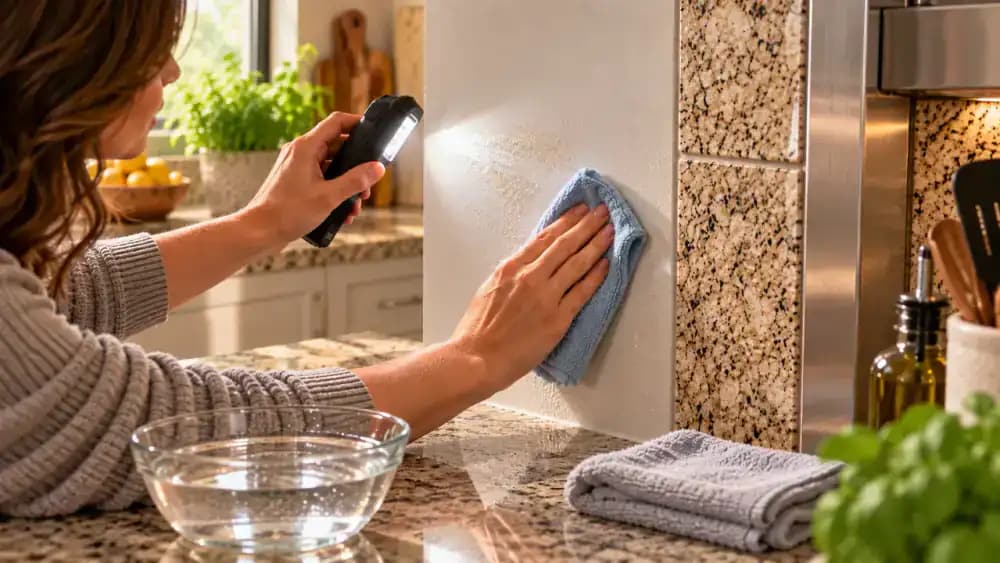 Fresh microfiber cloth wiping an untreated greasy backsplash section in overlapping passes while avoiding an electrical outlet, grout edges, and vertical seams.