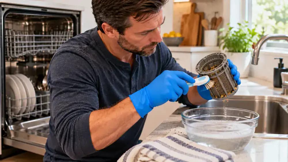 Adult removing a lightly soiled dishwasher filter, brushing fresh crumbs into a lined trash bin, and positioning the cleaned filter back into its recess.
