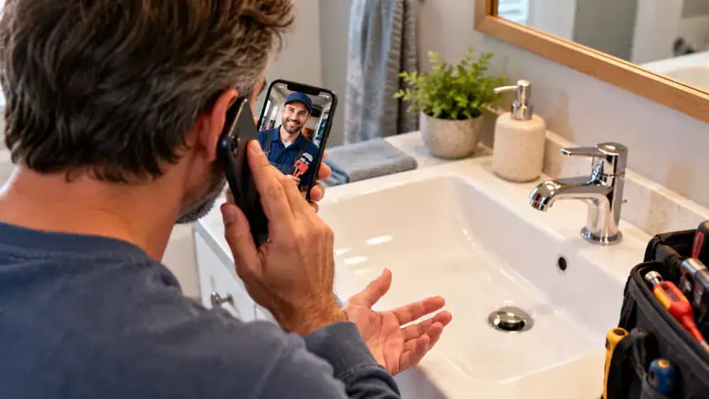 Homeowner wearing protective gloves and safety glasses using a smartphone to contact a licensed plumber beside a white bathroom sink with standing water around the open chrome drain stopper, while a plastic cleaning tool rests unused on the countertop.