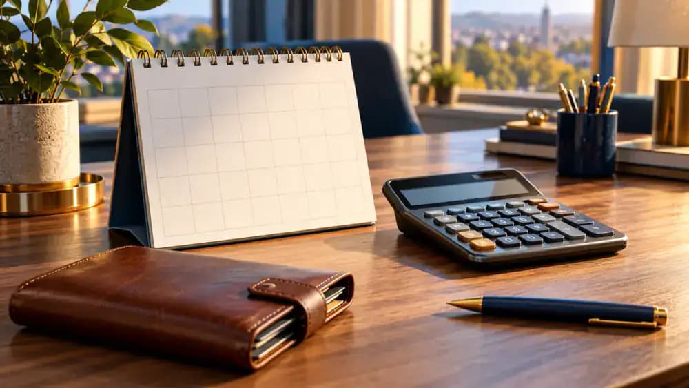 Blank calendar pages beside a calculator and closed wallet, symbolizing the potential effect of liability judgments on future income.