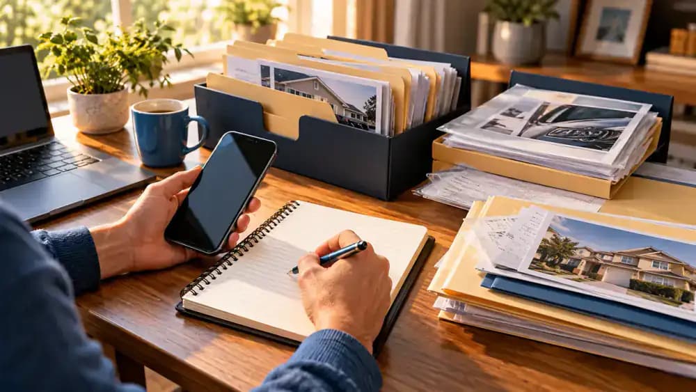 Organized desk holding a smartphone, blank notebook, pen, and folders containing collection correspondence.