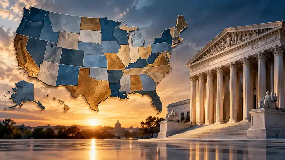 United States map with contrasting regional colors beside a courthouse silhouette representing different state lending regulations.