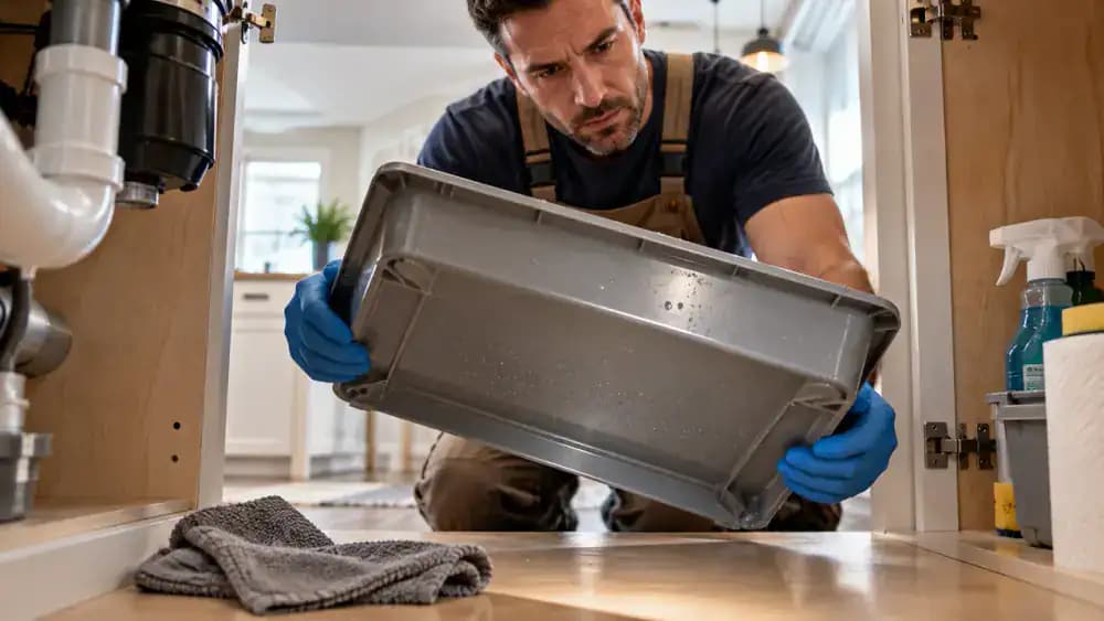 Blue-gloved hands lifting a removable waterproof containment tray from a clean kitchen sink cabinet, with sealed cleaning bottles on a dry protective mat and exposed tray edges ready for inspection.