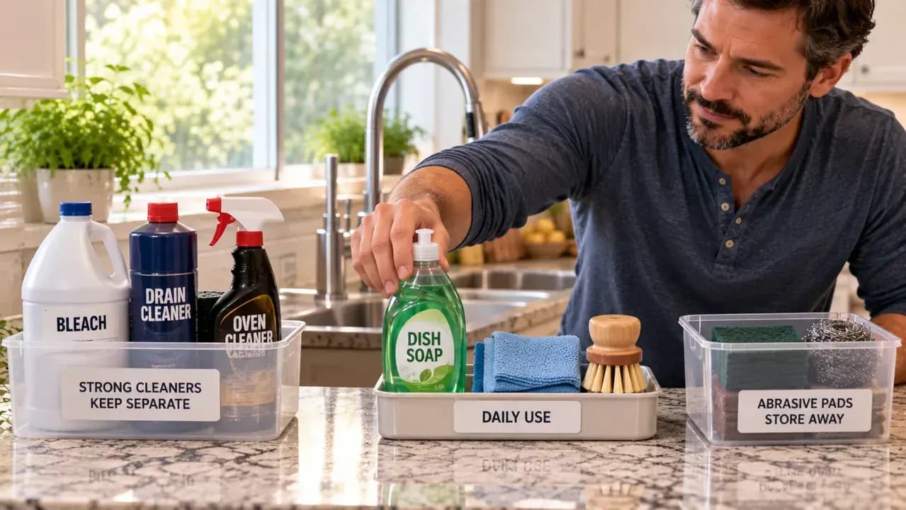 Adult homeowner using a single bottle of mild dish soap beside a stainless steel sink while other closed household cleaners are stored separately in the background.