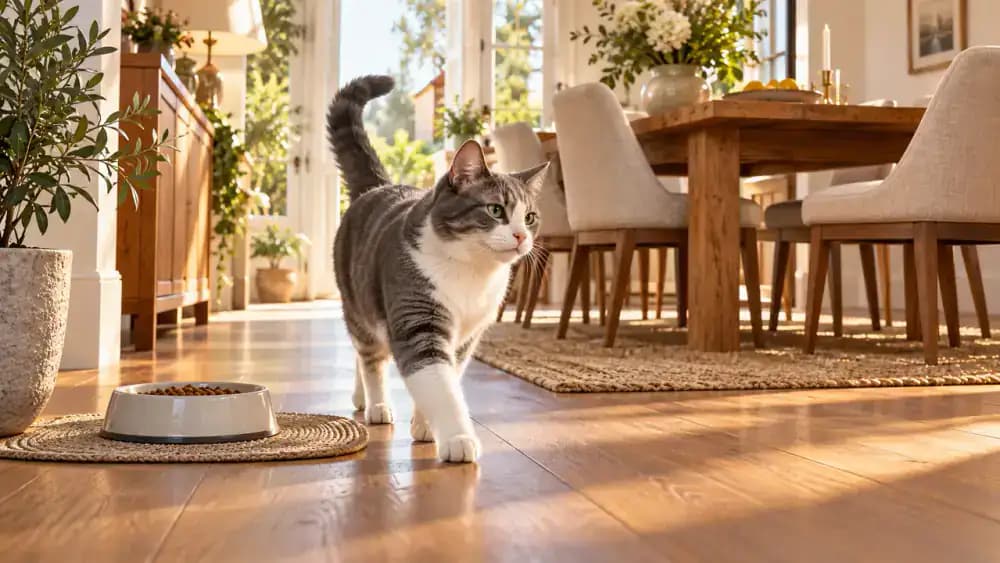 Fluffy gray-and-white cat eating from a stable ceramic bowl in a spacious dining alcove while its owner kneels nearby to check the available floor clearance.