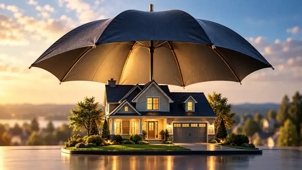 Large dark umbrella protecting a small model home, representing an additional layer of personal liability coverage.