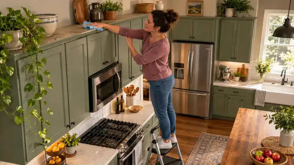 Adult standing safely on a stable step stool, gently cleaning grease and dust from the sealed horizontal top of medium-brown quartersawn white oak kitchen cabinets with a microfiber cloth.