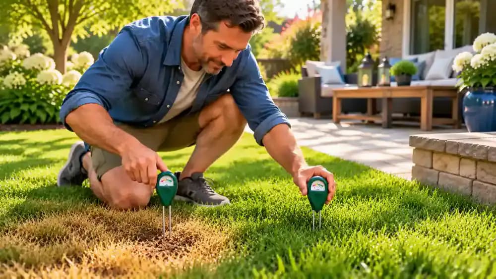 Homeowner kneeling beside yellow lawn grass and inserting a soil moisture meter probe into the ground before repeating the check in nearby healthy turf.