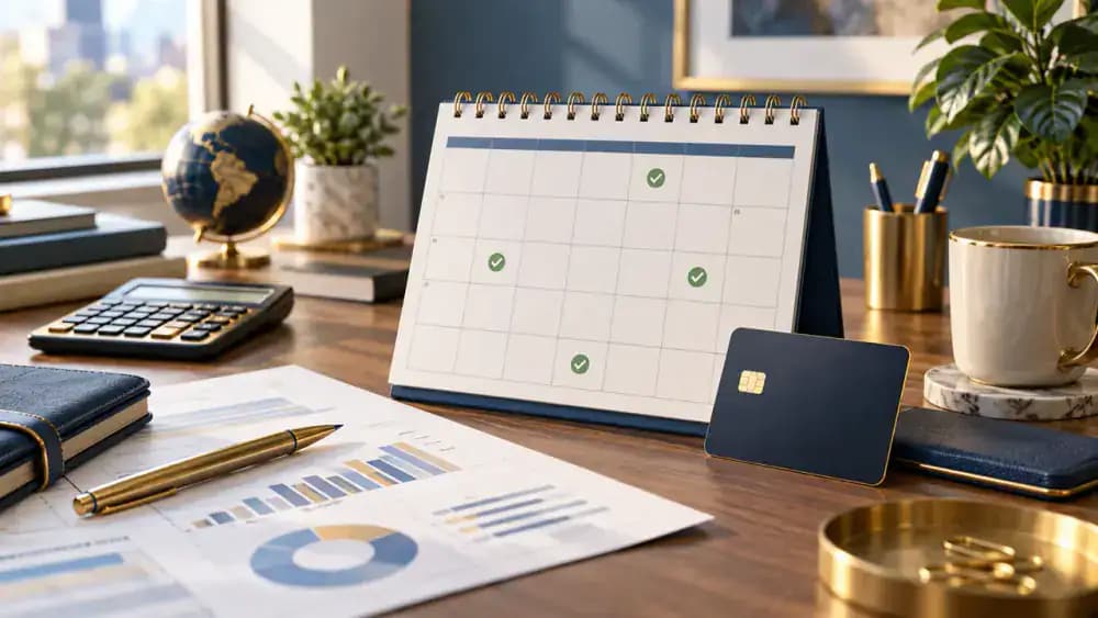 Monthly calendar marked with green payment check symbols beside a credit card.