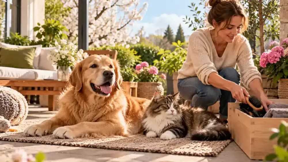 Australian Shepherd stretching beside a cushioned dog bed with scattered loose fur while its owner gently checks the shoulder coat and an unused brush rests nearby.