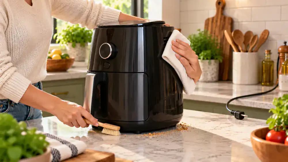 Side-angle view of a cooled, unplugged appliance on a dry counter as a hand wipes fingerprints from the housing with a microfiber cloth and brushes crumbs from the base.