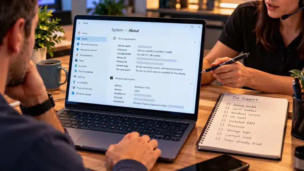 Windows 11 desktop monitor displaying Settings > System > About with processor, installed RAM, system type, and Windows specifications, beside a notepad recording the computer model and recurring performance problems.