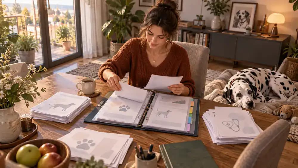 Owner sorting veterinary paperwork into labeled binder sections while a Dalmatian rests nearby