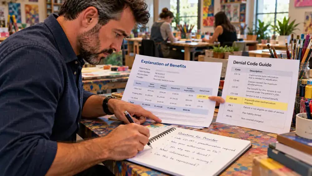 Adult at a community art studio workbench comparing a fictional Explanation of Benefits code with a sample explanation code guide, underlining the matching description and writing a question on a notepad.