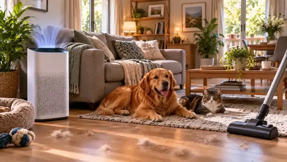 Air purifier running beside a sofa while pet hair is vacuumed from the floor