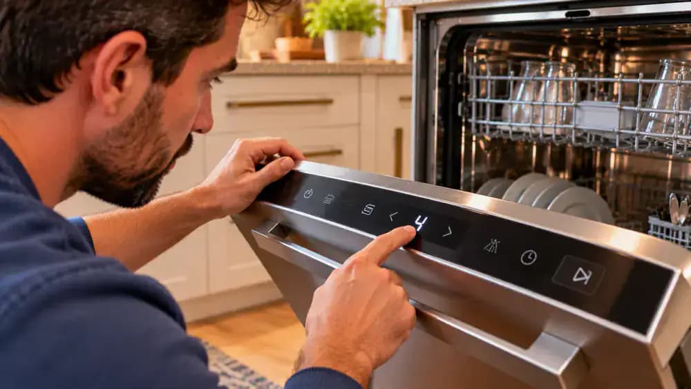 Close-up of a person comparing a household water hardness worksheet with a dishwasher adjustment chart, selecting the matching water softener setting on the control panel, and identifying a built-in dishwasher salt reservoir.