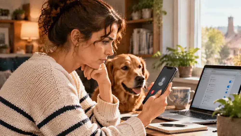 A pet owner checks phone settings, tests voicemail, and confirms the preferred contact number while a simulated call from an unfamiliar number appears on the screen.