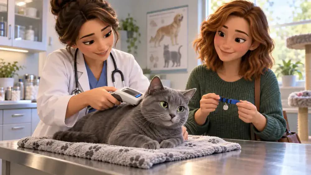 Veterinarian scanning a calm gray shorthair cat with a handheld microchip reader on an examination table while its owner watches, with a breakaway identification collar nearby and updated contact details on a clinic computer.