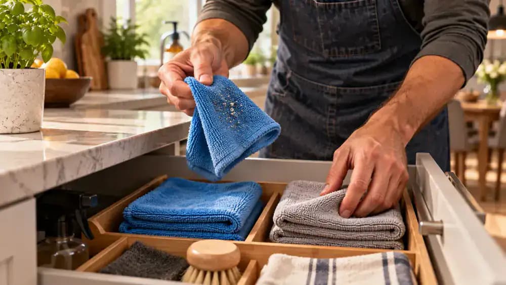 Hands inspecting a microfiber cloth for trapped grit beside an organized bamboo kitchen drawer containing three separate cleaning cloths and approved glass-ceramic cooktop cleaner, with a cooled black glass cooktop in the background.