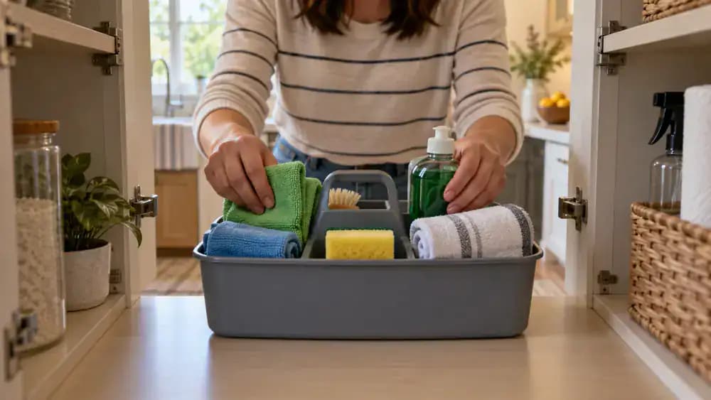 Hands organizing two dry microfiber cloths, a folded cotton towel, a soft sponge, and an upright bottle of mild dish soap in a compartmentalized plastic cleaning caddy beside an organized kitchen pantry with baking supplies, snacks, and canned goods.
