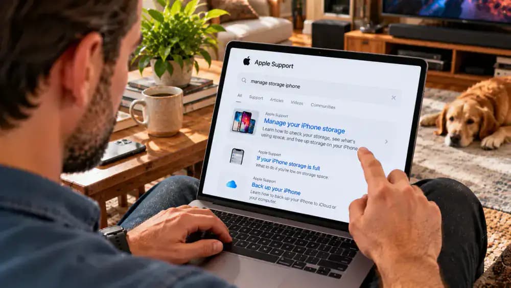 Adult using an iPhone to select official Apple Support storage guidance in Safari at a walnut desk, with the search field showing iPhone storage help.