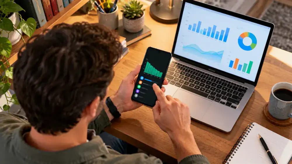Android smartphone on a home study desk displaying Battery usage statistics beside a laptop spreadsheet with illustrative three-day records of battery percentage, screen time, charging times, app activity, brightness, and cellular signal quality.