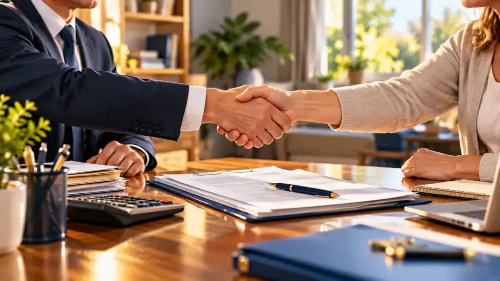 Two people reaching an agreement across a desk with a calculator and financial documents.