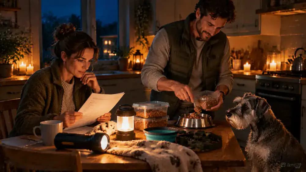 During a nighttime power outage, an adult consults a printed veterinary feeding contingency plan beside a medication organizer and premeasured pet food while a senior Miniature Schnauzer rests nearby.