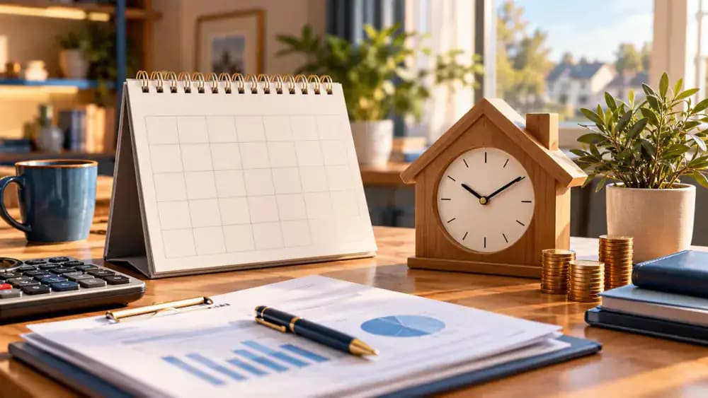 Blank calendar pages arranged beside a house-shaped desk clock representing important HELOC repayment deadlines.