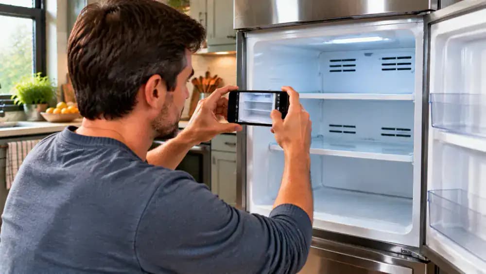 Homeowner photographing a clean empty freezer interior with shelves and compartments visible before food is returned