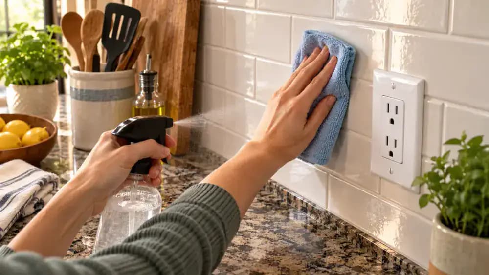 Close side view of a soft detailing brush cleaning a horizontal tile grout line while a folded microfiber cloth catches loosened residue below, with a nearby outlet opening, seam, and metal trim kept dry.
