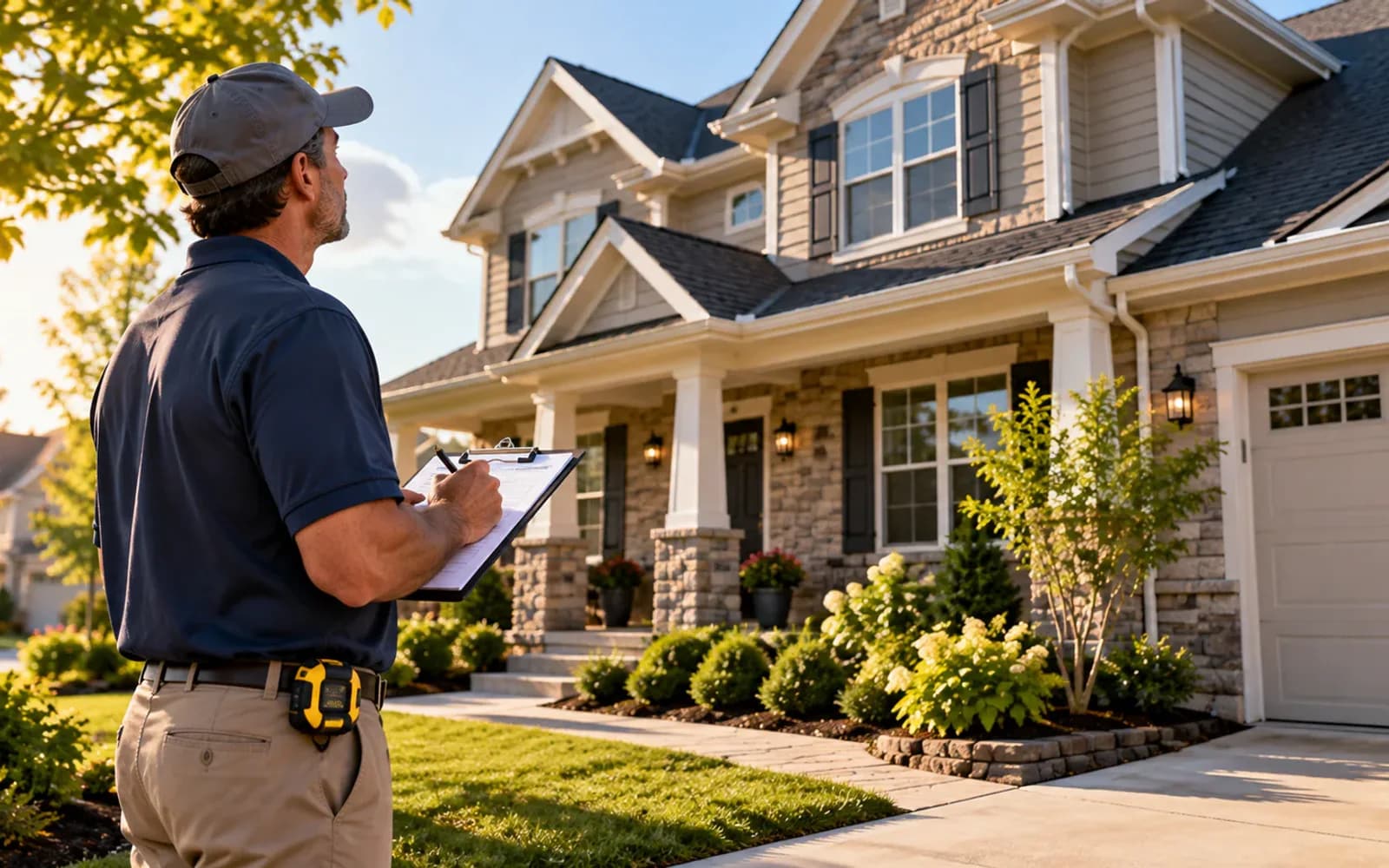 Home appraiser inspecting a suburban property