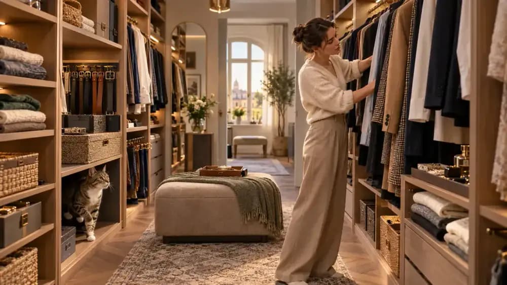 Cat emerging from a closet shelf while the owner checks behind clothes and keeps boxes stacked securely
