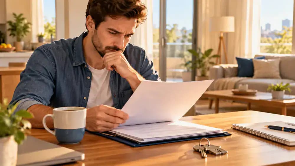 Renter reviewing a lease agreement beside apartment keys and a cup of coffee before moving out.