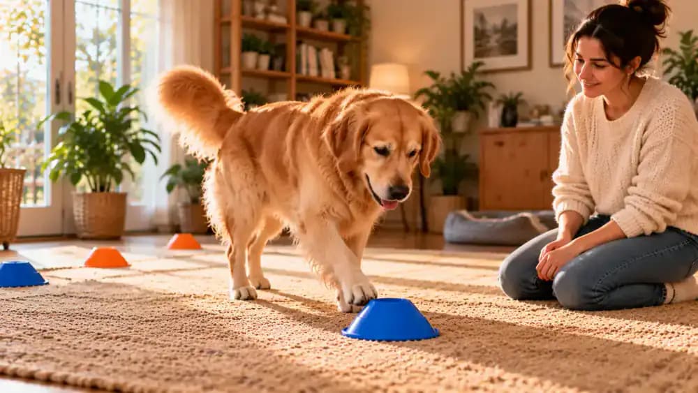 Owner writing 'Approach the marker calmly' on a small whiteboard, then rewarding a dog for voluntarily investigating a stationary foam marker before checking off the completed goal.