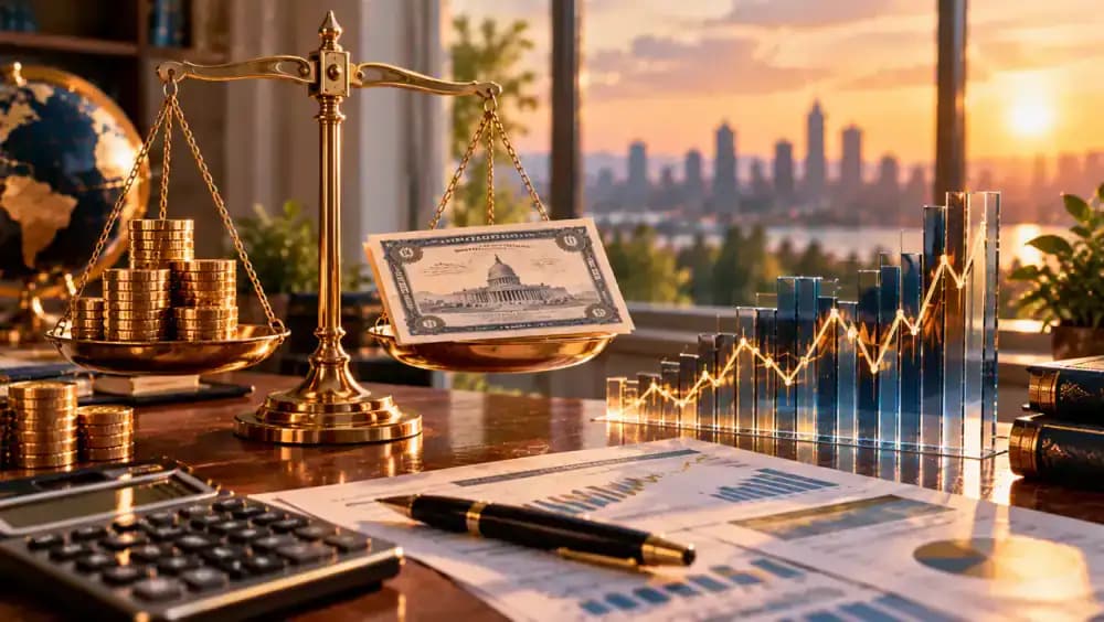 Financial balance scales beside bond documents and a fluctuating interest rate graph.