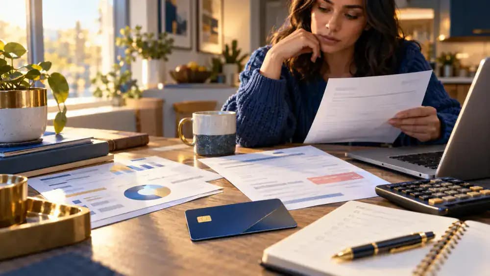 Credit card beside a statement balance and household budget