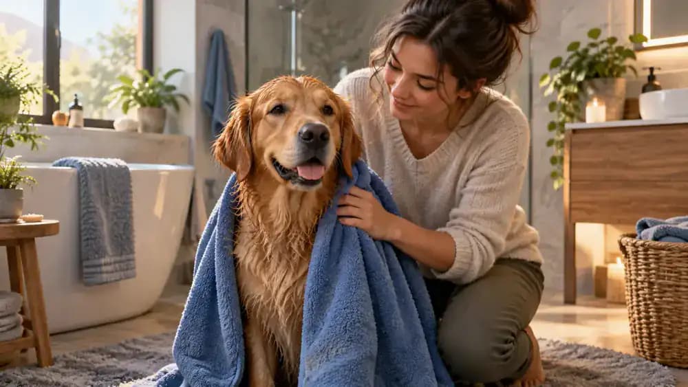 Dog standing on a bath mat wrapped in a large blue towel while its owner gently pats the dog's shoulders dry.