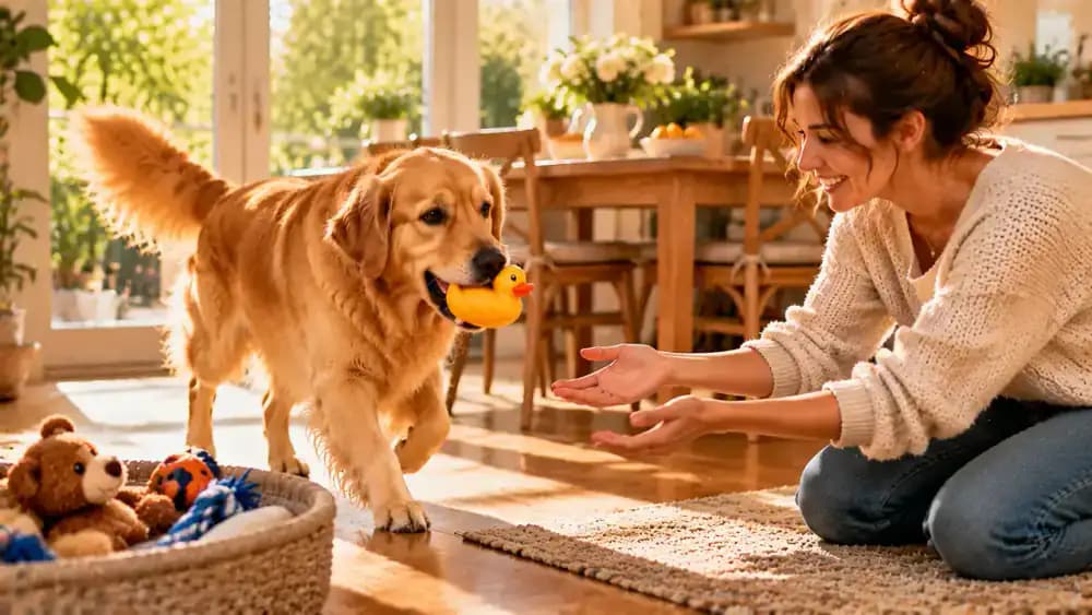 Golden retriever independently selecting a yellow rubber duck from a wicker toy basket while its owner kneels nearby in a sunlit breakfast nook.