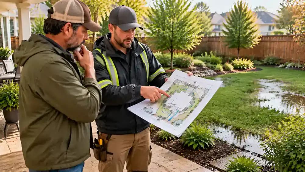 Qualified drainage professional and homeowner standing on a dry suburban patio, reviewing a large yard drainage site plan on a portable worktable, with an unused measuring wheel, clipboard, and damp backyard nearby.