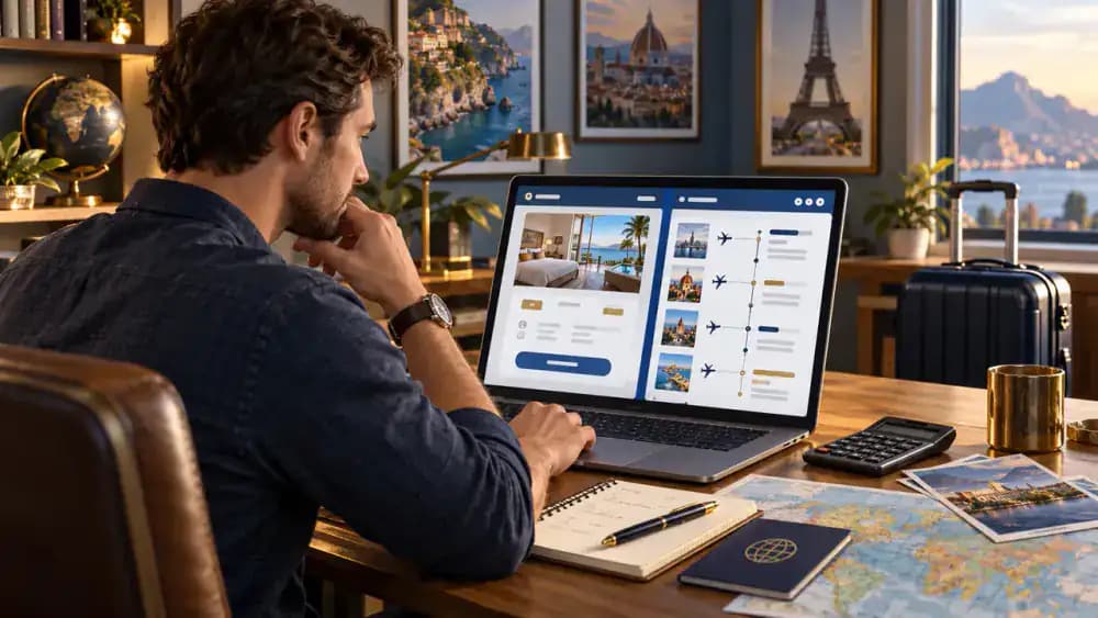 Traveler comparing simple and complex travel itineraries