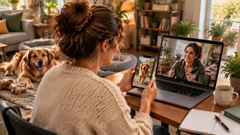 Pet owner discusses a newly adopted dog's adjustment with a rescue coordinator during a video call, sharing a short behavior video while reviewing follow-up notes and a scheduled check-in.