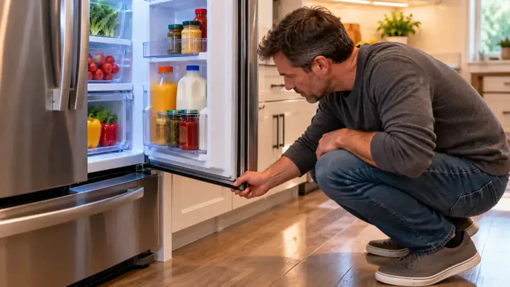 Person wearing a navy blue shirt inspecting the gray rubber gasket of an open stainless steel refrigerator and gently removing a small crumb from a lower corner with a dry microfiber cloth.