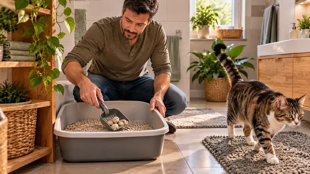 Owner checking normal urine clumps in a clean cat litter box