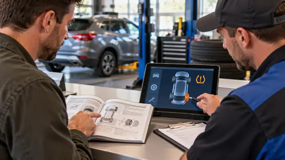 Open vehicle owner's manual showing the TPMS section beside a tire pressure record and an illustrative service appointment request for a persistent warning light.