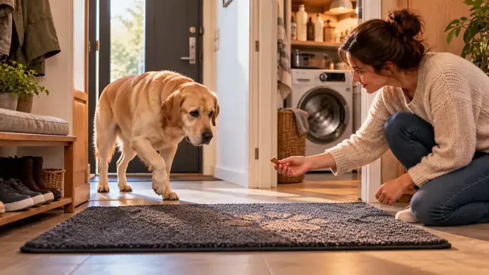 Young chocolate Labrador hesitating near a dark green entrance mat in a modern apartment while its kneeling owner offers a treat, with a washing machine running behind a closed door.
