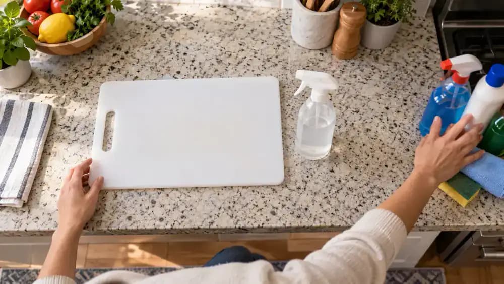 Overhead view of a clean plastic cutting board beside manufacturer care instructions and food-safety guidance, with one approved sanitizer selected while other cleaners are stored away.