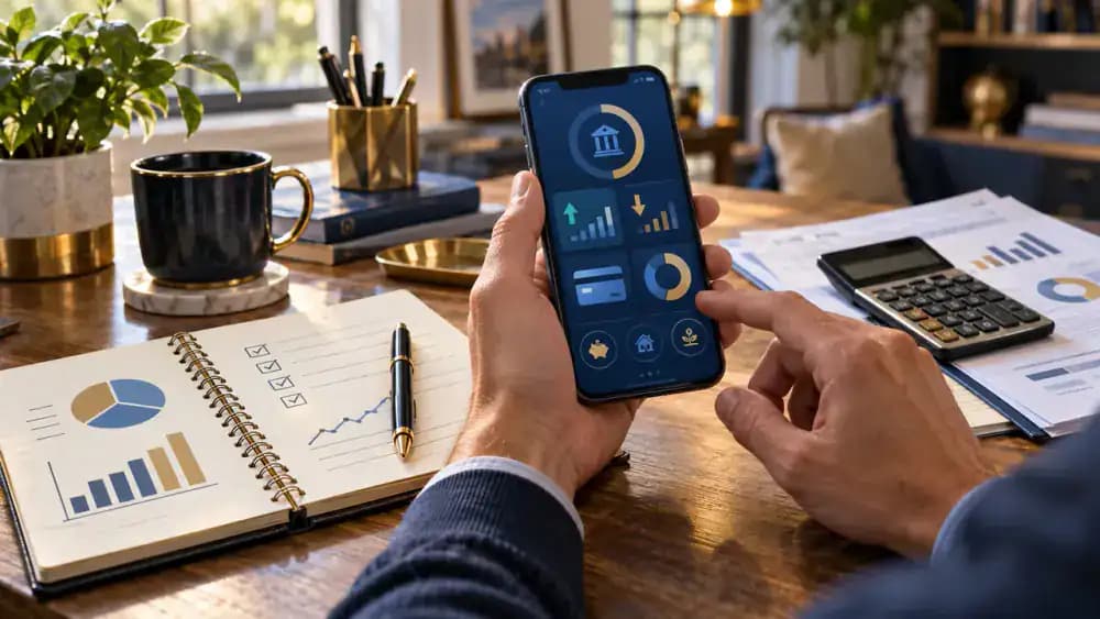 Person reviewing pending transactions and available funds through a mobile banking application.