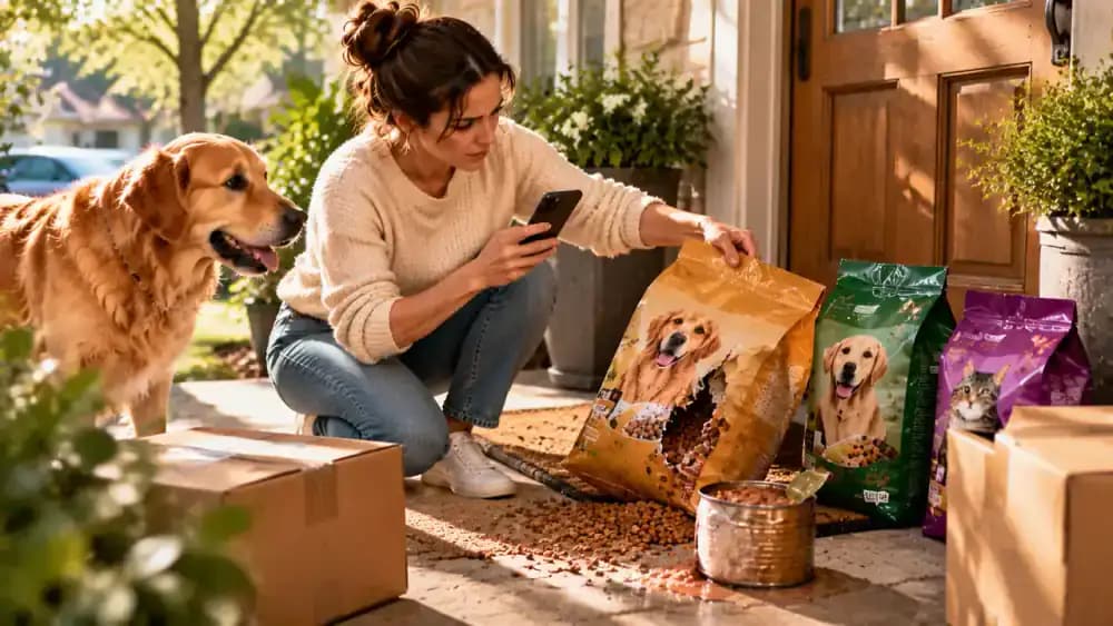 Pet owner inspecting a torn dry food bag and a dented, leaking wet food can on a covered suburban porch, with an opened delivery box, intact packages, and a smartphone ready to document damage.